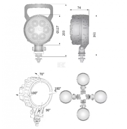 LA10008 Lampă  - Reflector de lucru LED, 24W, 1500lm, rotundă, 10/30V, diametru 117mm, mufă Deutsch, lumină spot, 6 LED-uri Kramp
