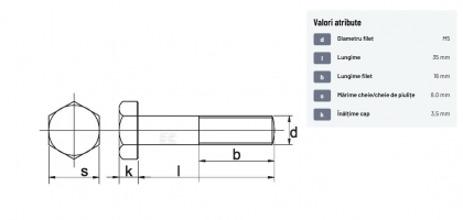 931535 Șurub cap hexagonal filet parțial DIN931 M5x0,8x35mm filet 16mm oțel zincat grupa 8.8 Kramp