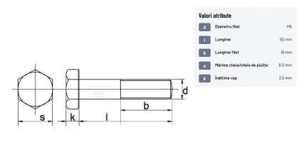 931550 Șurub cap hexagonal filet parțial DIN931 M5x0,8x50mm filet 16mm oțel zincat grupa 8.8 Kramp