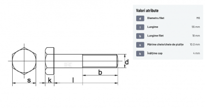 931655 Șurub cap hexagonal filet parțial DIN931 M6x1x55mm filet 18mm oțel zincat grupa 8.8 Kramp