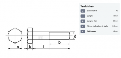 931840 Șurub cap hexagonal filet parțial DIN931 M8x1,25x40mm filet 22mm oțel zincat grupa 8.8 Kramp