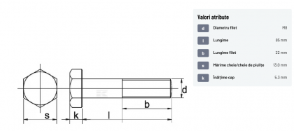 931890 Șurub cap hexagonal filet parțial DIN931 M8x1,25x90mm filet 22mm oțel zincat grupa 8.8 Kramp
