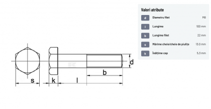 9318100 Șurub cap hexagonal filet parțial DIN931 M8x1,25x100mm filet 22mm oțel zincat grupa 8.8 Kramp