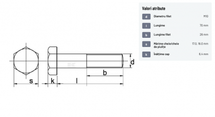 9311070 Șurub cap hexagonal filet parțial DIN931 M10x1,5x70mm filet 26mm oțel zincat grupa 8.8 Kramp