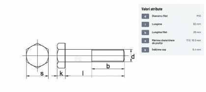 9311080 Șurub cap hexagonal filet parțial DIN931 M10x1,5x80mm filet 26mm oțel zincat grupa 8.8 Kramp