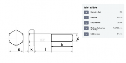 93110100 Șurub cap hexagonal filet parțial DIN931 M10x1,5x100mm filet 26mm oțel zincat grupa 8.8 Kramp