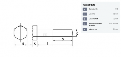 93110130 Șurub cap hexagonal filet parțial DIN931 M10x1,5x130mm filet 32mm oțel zincat grupa 8.8 Kramp