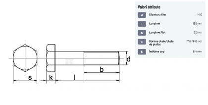 93110190 Șurub cap hexagonal filet parțial DIN931 M10x1,5x190mm filet 32mm oțel zincat grupa 8.8 Kramp