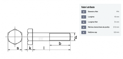 9311445 Șurub cap hexagonal filet parțial DIN931 M14x2x45mm filet 34mm oțel zincat grupa 8.8 Kramp