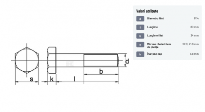 9311480 Șurub cap hexagonal filet parțial DIN931 M14x2x80mm filet 34mm oțel zincat grupa 8.8 Kramp
