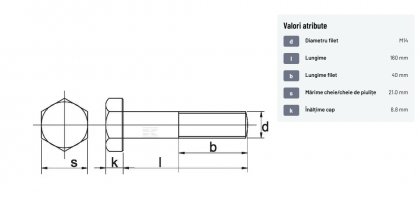 93114160 Șurub cap hexagonal filet parțial DIN931 M14x2x160mm filet 40mm oțel zincat grupa 8.8 Kramp