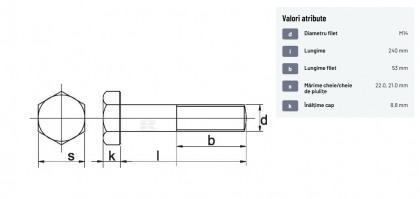 93114240 Șurub cap hexagonal filet parțial DIN931 M14x2x240mm filet 53mm oțel zincat grupa 8.8 Kramp