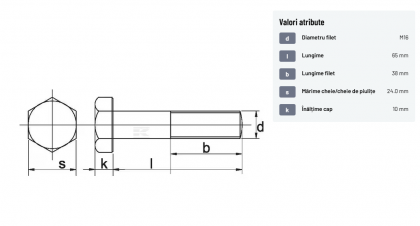 9311665 Șurub cap hexagonal filet parțial DIN931 M16x2x65mm filet 38mm oțel zincat grupa 8.8 Kramp