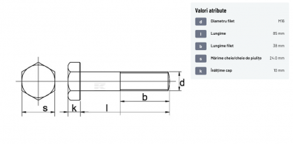 9311685 Șurub cap hexagonal filet parțial DIN931 M16x2x85mm filet 38mm oțel zincat grupa 8.8 Kramp