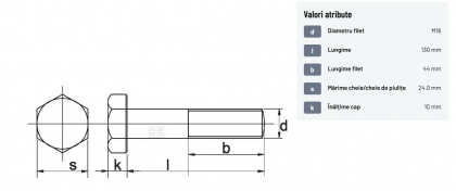 93116130 Șurub cap hexagonal filet parțial DIN931 M16x2x130mm filet 44mm oțel zincat grupa 8.8 Kramp