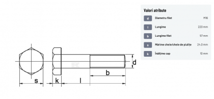 93116220 Șurub cap hexagonal filet parțial DIN931 M16x2x220mm filet 57mm oțel zincat grupa 8.8 Kramp