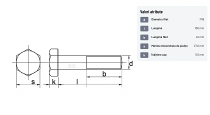 93118100 Șurub cap hexagonal filet parțial DIN931 M18x2,5x100mm filet 42mm oțel zincat grupa 8.8 Kramp
