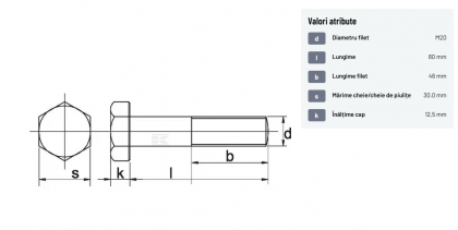 9312080 Șurub cap hexagonal filet parțial DIN931 M20x2,5x80mm filet 46mm oțel zincat grupa 8.8 Kramp