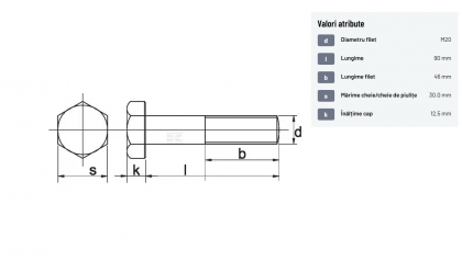 9312090 Șurub cap hexagonal filet parțial DIN931 M20x2,5x90mm filet 46mm oțel zincat grupa 8.8 Kramp
