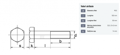 93122100 Șurub cap hexagonal filet parțial DIN931 M22x2,5x100mm filet 50mm oțel zincat grupa 8.8 Kramp