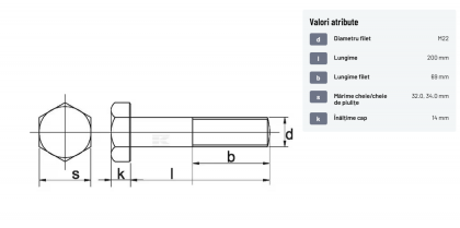93122200 Șurub cap hexagonal filet parțial DIN931 M22x2,5x200mm filet 69mm oțel zincat grupa 8.8 Kramp