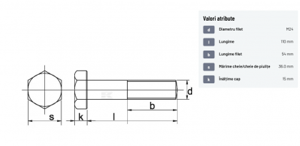 93124110 Șurub cap hexagonal filet parțial DIN931 M24x3x110mm filet 54mm oțel zincat grupa 8.8 Kramp