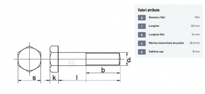 93124120 Șurub cap hexagonal filet parțial DIN931 M24x3x120mm filet 54mm oțel zincat grupa 8.8 Kramp