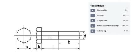 93124180 Șurub cap hexagonal filet parțial DIN931 M24x3x180mm filet 60mm oțel zincat grupa 8.8 Kramp