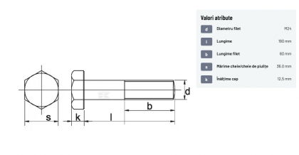93124190 Șurub cap hexagonal filet parțial DIN931 M24x3x190mm filet 60mm oțel zincat grupa 8.8 Kramp