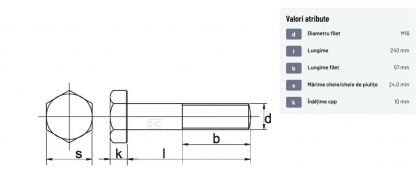 93116240 Șurub cap hexagonal filet parțial DIN931 M16x2x240mm filet 57mm oțel zincat grupa 8.8 Kramp