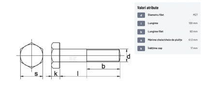 93127100 Șurub cap hexagonal filet parțial DIN931 M27x3x100mm filet 60mm oțel zincat grupa 8.8 Kramp