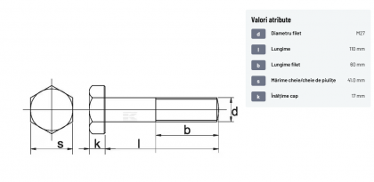93127110 Șurub cap hexagonal filet parțial DIN931 M27x3x110mm filet 60mm oțel zincat grupa 8.8 Kramp