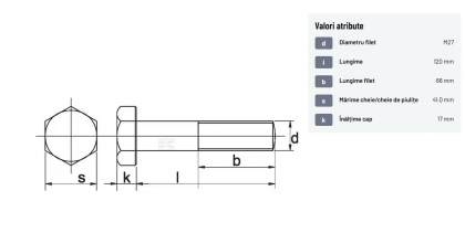 93127120 Șurub cap hexagonal filet parțial DIN931 M27x3x120mm filet 66mm oțel zincat grupa 8.8 Kramp