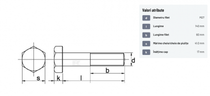 93127140 Șurub cap hexagonal filet parțial DIN931 M27x3x140mm filet 60mm oțel zincat grupa 8.8 Kramp