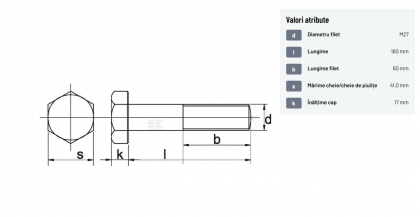 93127160 Șurub cap hexagonal filet parțial DIN931 M27x3x160mm filet 60mm oțel zincat grupa 8.8 Kramp