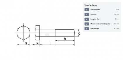93130100 Șurub cap hexagonal filet parțial DIN931 M30x3,5x100mm filet 66mm oțel zincat grupa 8.8 Kramp