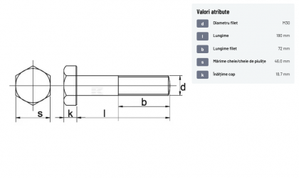 93130180 Șurub cap hexagonal filet parțial DIN931 M30x3,5x180mm filet 72mm oțel zincat grupa 8.8