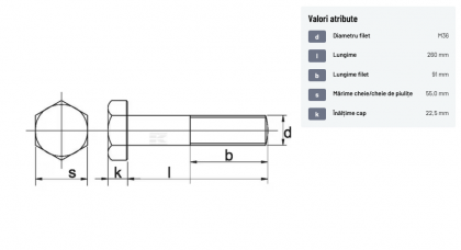 93136260 Șurub cap hexagonal filet parțial DIN931 M36x4x260mm filet 91mm oțel zincat grupa 8.8