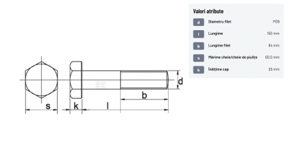93139150 Șurub cap hexagonal filet parțial DIN931 M39x4x150mm filet 84mm oțel zincat grupa 8.8