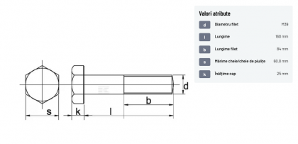 93139160 Șurub cap hexagonal filet parțial DIN931 M39x4x160mm filet 84mm oțel zincat grupa 8.8