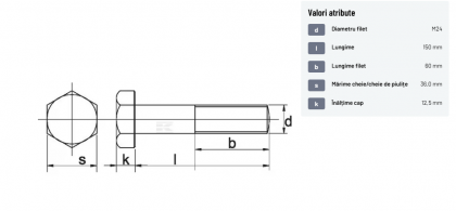 93124150129B Șurub cap hexagonal filet parțial DIN931 M24x3x150mm filet 60mm oțel grupa 12.9