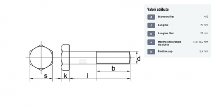 9311070129B Șurub cap hexagonal filet parțial DIN931 M10x1,5x70mm filet 26mm oțel grupa 12.9