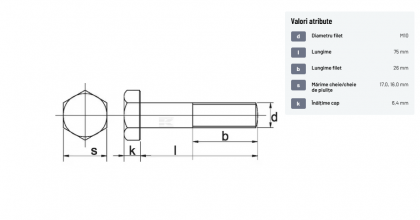 9311075129B Șurub cap hexagonal filet parțial DIN931 M10x1,5x75mm filet 26mm oțel grupa 12.9