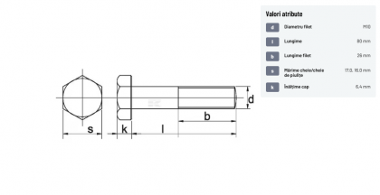 9311080129B Șurub cap hexagonal filet parțial DIN931 M10x1,5x80mm filet 26mm oțel grupa 12.9