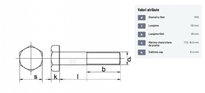 93110110129B Șurub cap hexagonal filet parțial DIN931 M10x1,5x110mm filet 26mm oțel grupa 12.9