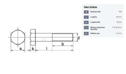 93110120129B Șurub cap hexagonal filet parțial DIN931 M10x1,5x120mm filet 26mm oțel grupa 12.9