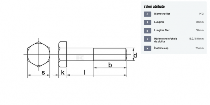 9311260129B Șurub cap hexagonal filet parțial DIN931 M12x1,75x60mm filet 30mm oțel grupa 12.9