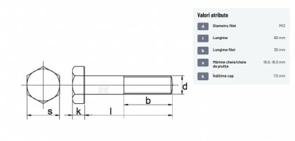 9311290129B Șurub cap hexagonal filet parțial DIN931 M12x1,75x90mm filet 30mm oțel grupa 12.9