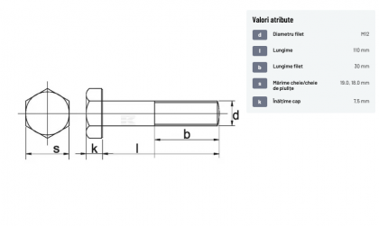 93112110129B Șurub cap hexagonal filet parțial DIN931 M12x1,75x110mm filet 30mm oțel grupa 12.9
