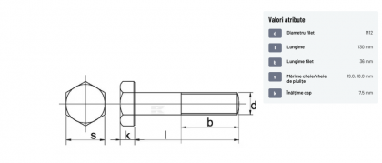 93112130129B Șurub cap hexagonal filet parțial DIN931 M12x1,75x130mm filet 36mm oțel grupa 12.9